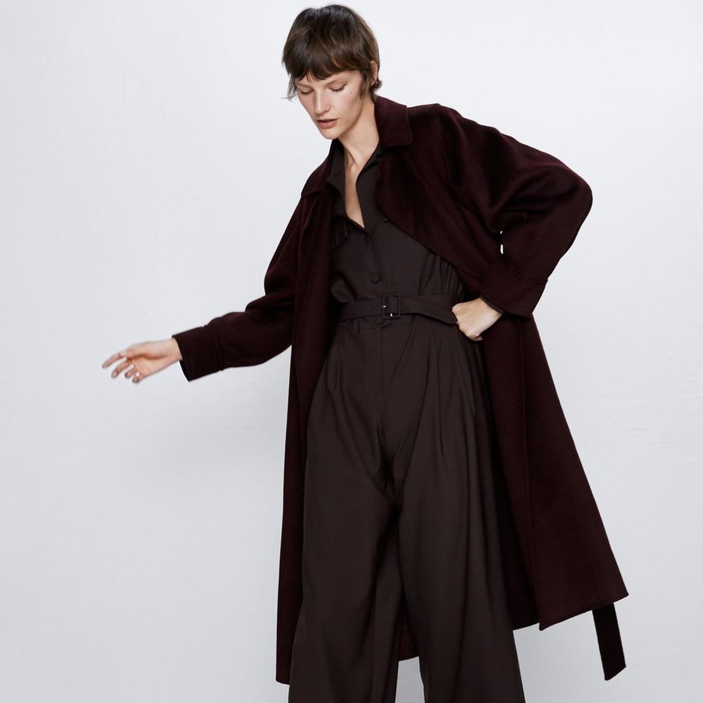 Zara Handmade Belted Wrap Wool Coat Wine - Picture 1 of 10